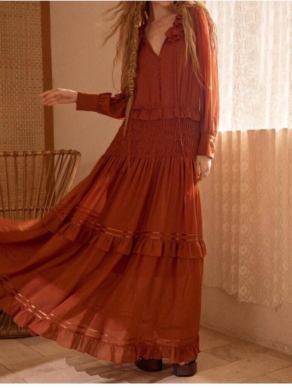 Rust Brown Ruffle Collar Smocked Maxi Dress